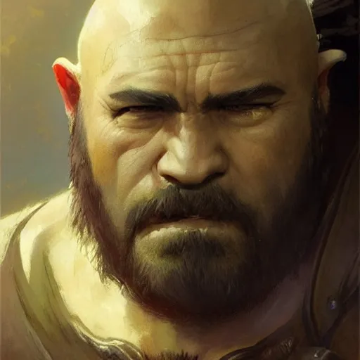 Prompt: well - groomed orc bard, goatee, bald, thoughtful expression, fantasy character portrait by greg rutkowski, gaston bussiere, craig mullins