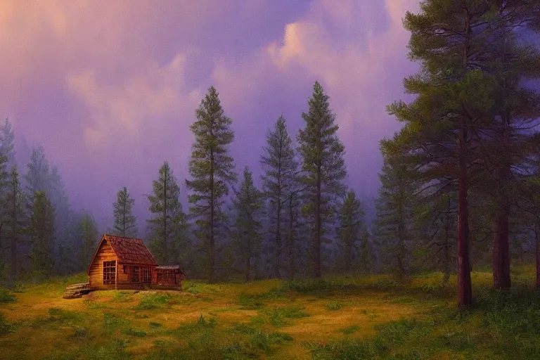 Prompt: small wooden cabin in the distance in pine forest, clouds, national geographic, beautiful nature, trees, very detailed, focused, oil painting, colorful, cinematic lighting, canvas, artstation, Albert Bierstadt, Sydney Mortimer Laurence