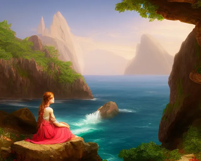 Image similar to a painting of a woman sitting on a rock overlooking an island, a digital painting by thomas cole, cgsociety, metaphysical painting, 2 d game art, storybook illustration, detailed painting