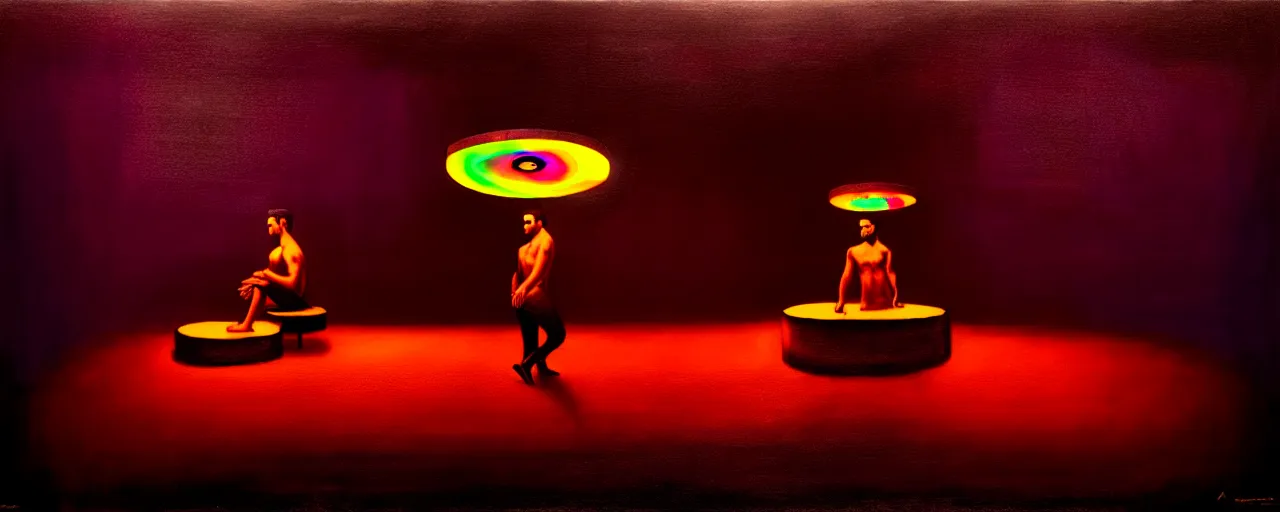 Image similar to hedonic treadmill, dark uncanny surreal painting by ronny khalil, ixions wheel, lighting by rainbow fires