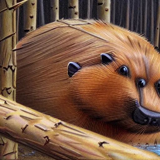 Image similar to photography hyperrealism concept art of anthropomorphic beavers builders that building city with sticks