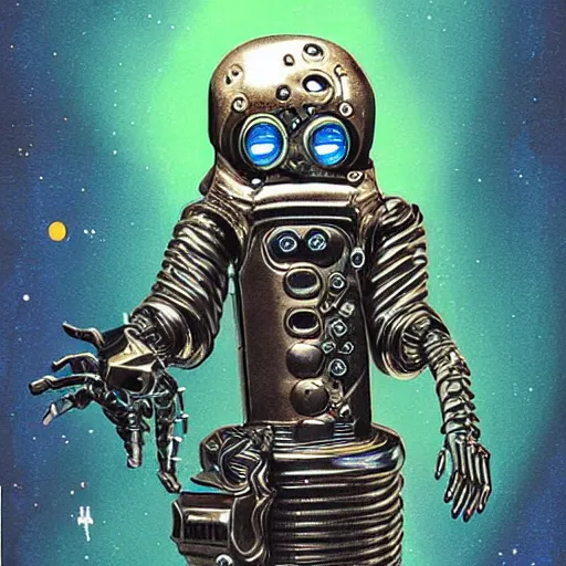 Image similar to a metallic eldritch cyborg humanoid with astronaut like features, hp lovecraft, alan bean