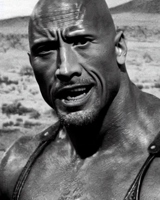 Image similar to film still close up shot of dwayne johnson in the movie mad max 2 the road warrior. photographic, photography