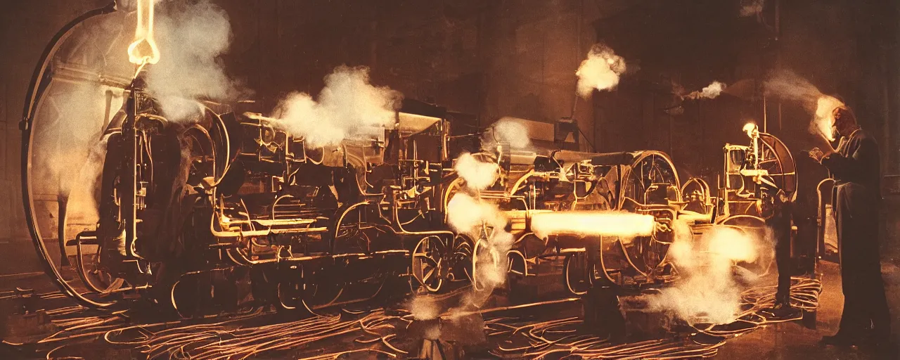 Prompt: james watt inventing the spaghetti steam engine, canon 5 0 mm, cinematic lighting, photography, retro, film, kodachrome