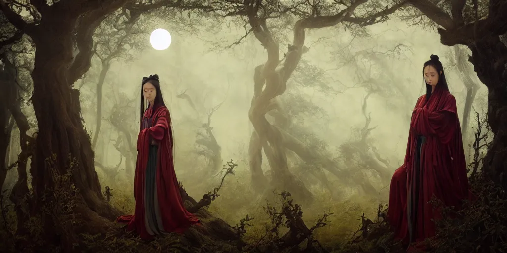 Image similar to wuxia, forest, moonlight, gemma chen, madison beer, angela sarafyan, pinup, intricate beautiful faces, surrealistic painting by agostino arrivabene, vanessa beecroft, anka zhuravleva, mary jane ansell, peter mohbacher, gerald brom