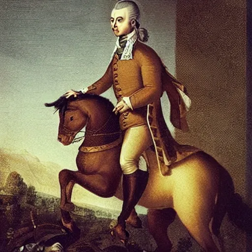 Image similar to Mozart riding a horse.