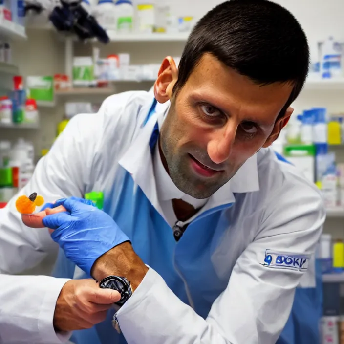 Prompt: novak djokovic working at the local pharmacy giving flu shots. he's happy. professional photography.