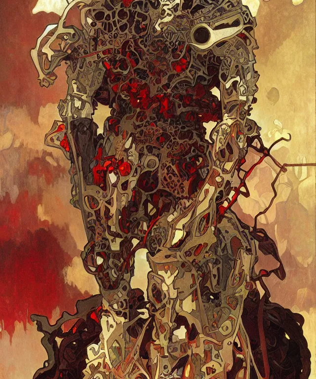 Image similar to a demonic cyborg with flaming red eyes, painting by alphonse mucha, greg ruthowski, detailed, henry ascensio, craig mullins, intricate and detailed