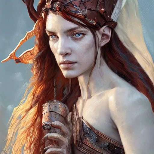 Image similar to A head-on head and shoulders detailed oil portrait of an elf woman with small horns of copper and copper dragon scales covering her arm and neck wearing a simple white robe, by greg rutkowski, trending on artstation, dungeon and dragons art