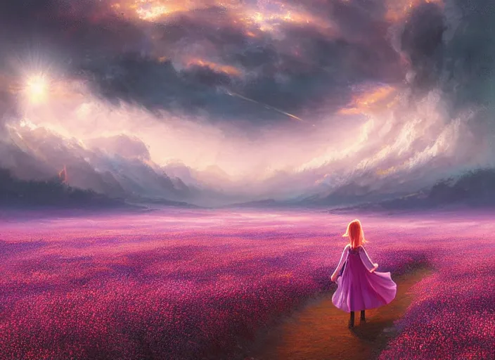 Prompt: a lone princess walks through a vast flower field in the cosmic sky by guweiz and peder mørk mønsted