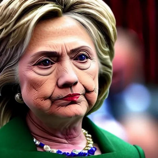 Image similar to hillary clinton with tears on her cheek in parliament 4 k realistic phote