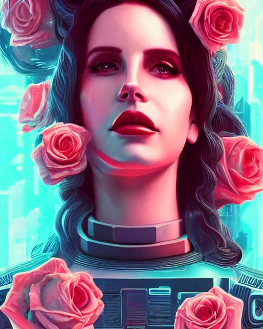 Image similar to portrait of lana del rey as a cyberpunk cyborg. roses, sci - fi, missing panels, intricate abstract, upper body, intricate artwork, by tooth wu, wlop, beeple, dan mumford. concept art, 8 k octane render, deviantart, greg rutkowski, cinematic, key art, hyperrealism, iridescent accents