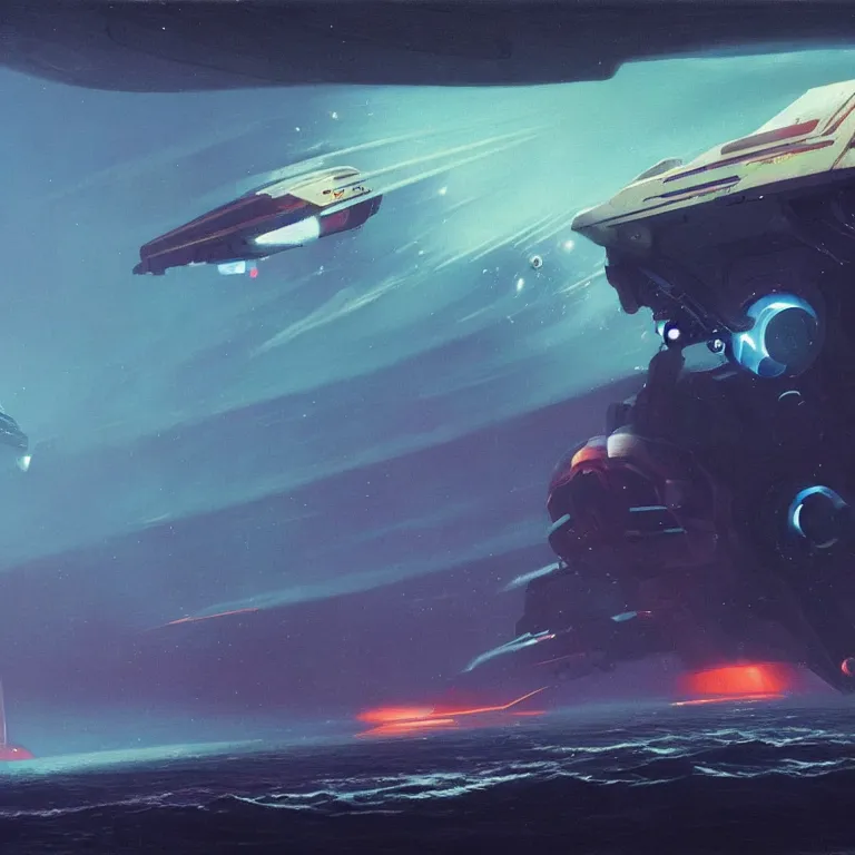 Image similar to mechanical squid spaceship crashing into a black ocean, by john harris, by simon stalenhag, sci - fi concept art