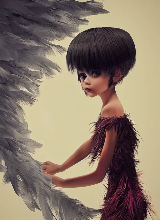 Image similar to little girl with an eccentric haircut wearing an dress made of feathers, artwork made by ilya kuvshinov, full character