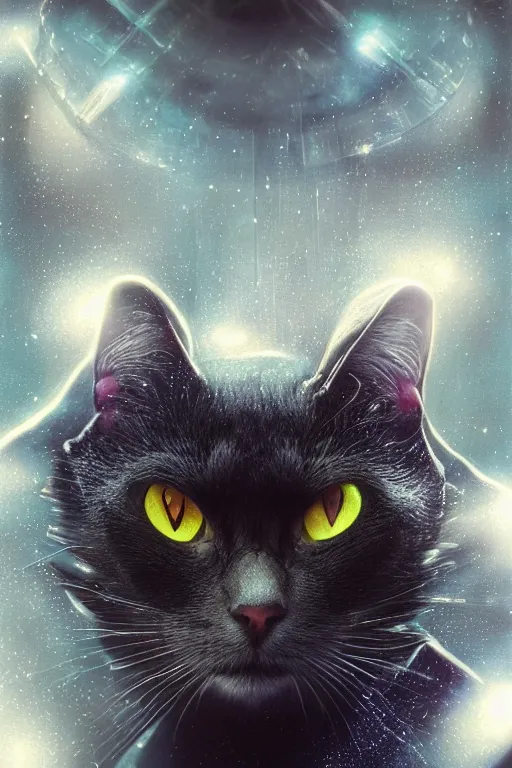 Image similar to a beautiful ultradetailed fine art photo of a futuristic cybernetic cyborg cat against galactic space, by tom bagshaw and natalie shau, portrait, 3 5 mm lens, golden ratio composition, detailed face, studio photography, very detailed, deep depth of field, humanoids, industrial robotic cats, artstation, 8 k, highly coherent