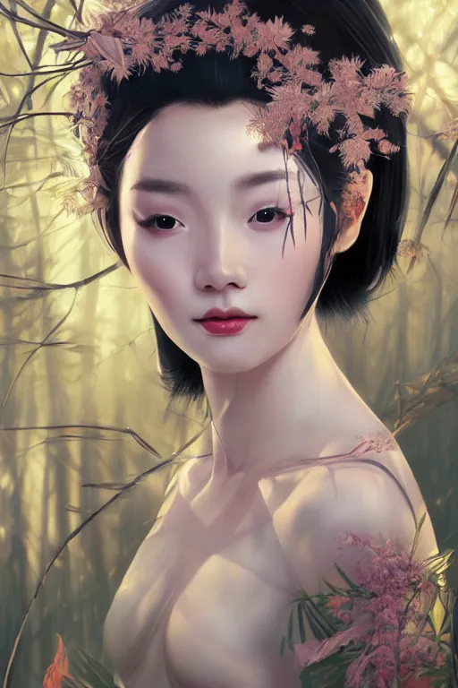 Image similar to stunningly beautiful, frost geisha prima ballerina in jungle, symmetrical face, golden hour, smooth, focus, highly detailed, hyper realistic, dramatic lighting, elegant, intricate, concept art, art by wlop, mars ravelo, greg rutowski, artstation