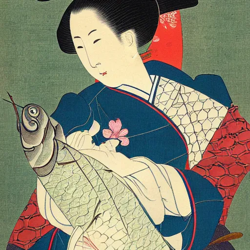 Prompt: painting of a 1 8 th century japanese woman holding a koi fish, colorful, by goshun matsumura, by toyohiko okamoto, by keibun matsumura