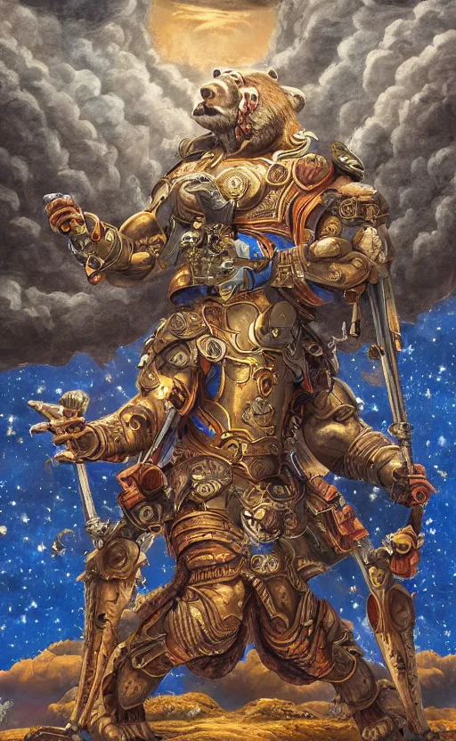 Image similar to mural of a bear beast-man, sci fi weapon, royal ornaments, reaching towards the heavens, sci fi world, holy imagery, highly detailed, beautiful colors, renaissance mural, mural in the style of sandro boticceli, sandro boticceli