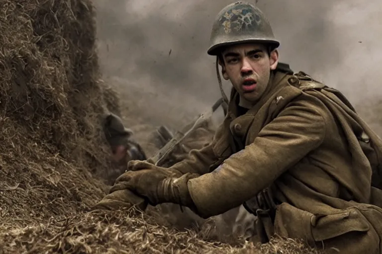 Image similar to jay baruchel as world war 1 soldier in the trenches, bullets whizzing past, cinematic lighting, high contrast, 4 k hdr imax cinematography by roger deakins, award winning shot, beautiful composition, principal photography, vfx action shot