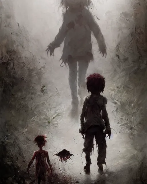 Image similar to a child zombie walking toward a scared teenager that fell on the ground realistic concept art, hd, high quality by jean baptiste monge and greg rutkowski