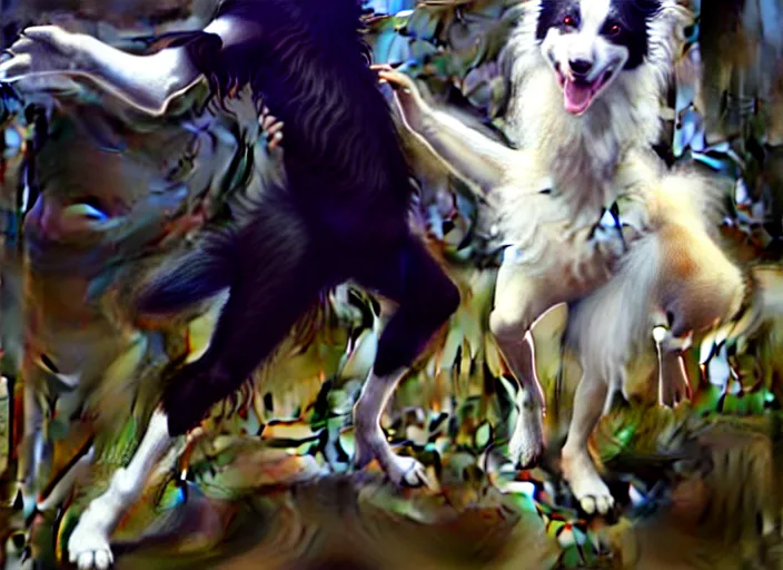 Image similar to wide shot painting of a male anthropomorphic border collie fursona dancing with a cute female anthropomorphic sheep fursona in a ballroom, beautiful, intricate, elegant, realistic proportions, highly detailed, scenic background, trending on artstation, art by charlie bowater and henry asencio and and ross tran