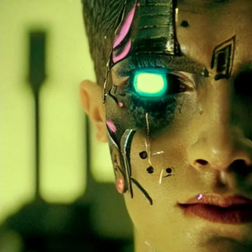 Image similar to cinematic portrait of a runaway cyborg with tribal facepaint in an empty room, still from the movie bladerunner