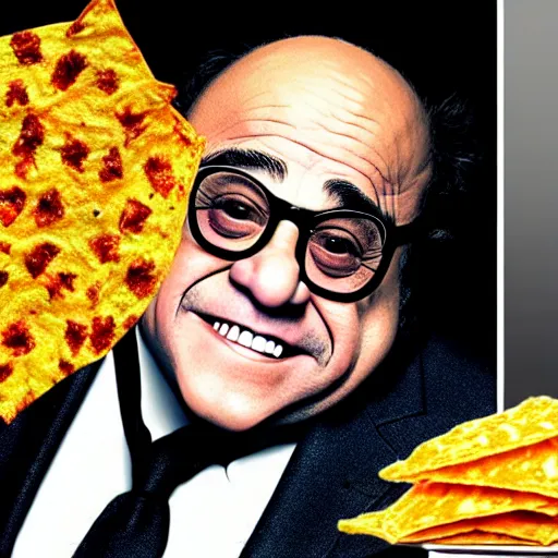 Image similar to danny devito with skin made out of a dorito