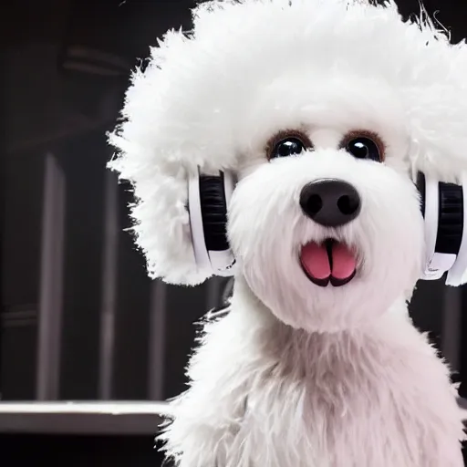 Prompt: a white cockapoo muppet wearing headphones in a nightclub