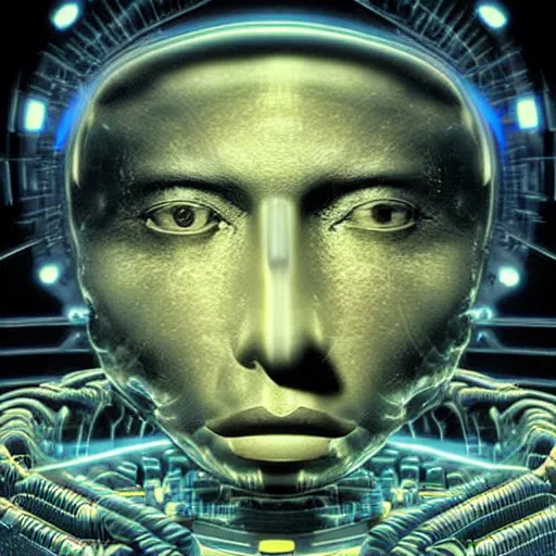 Image similar to The first artificial general intelligence awakens - award-winning digital artwork by Azimov, Dali, H. R. Giger, and Dali. Stunning lighting