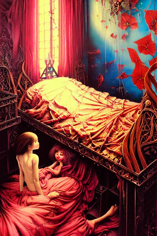 Prompt: realistic detailed image of a girl in anold soviet girlish room with a little monster hiding!!! under the bed!!! by Ayami Kojima, Amano, Karol Bak, Greg Hildebrandt, and Mark Brooks, Neo-Gothic, gothic, rich deep colors. Beksinski painting, part by Adrian Ghenie and Gerhard Richter. art by Takato Yamamoto. masterpiece .ntricate artwork by Tooth Wu and wlop and beeple, greg rutkowski, very coherent symmetrical artwork, cinematic, hyper realism, high detail, octane render, unreal engine, 8k, Vibrant colors, Smooth gradients, High contrast, depth of field. by Katsuhiro Otomo, full body character drawing, inspired by Evangeleon, clean ink detailed line drawing, intricate detail, extremely detailed, 8k. painting by Arthur Rackham, Eugene de Blaas, Frederic Leighton