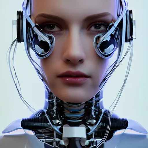 Image similar to a beautiful woman wearing robot suit with wires and light, highly detailed, photorealistic, artstation, smooth