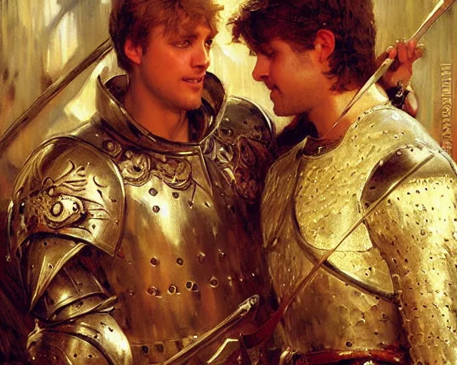 Image similar to arthur pendragon flirting wit his knight. highly detailed painting by gaston bussiere, craig mullins, j. c. leyendecker