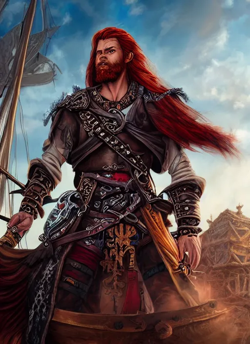 Prompt: An epic fantasy comic book style portrait painting of a long haired, red headed male sky-pirate in front of an sky-ship in the style of the wheel of time, unreal 5, DAZ, hyperrealistic, octane render, cosplay, RPG portrait, dynamic lighting