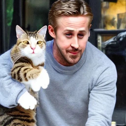 Image similar to ryan gosling getting mugged by a cat