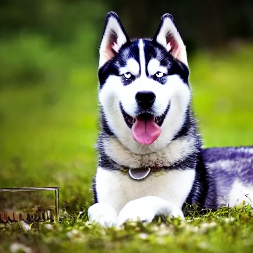 Image similar to A photo of a Husky dog wearing a hat, award winning photography, pro dog photography