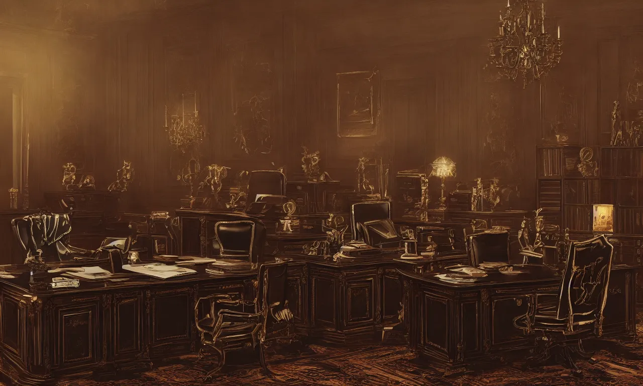 Image similar to demonic executive office with high back chair with onyx finishes, by asher brown durand, trending on artstation, 8 k resolution, dieselpunk, demonic symbols