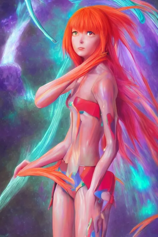 Image similar to a hyperdimensional priestess, Asuka Langley from Evangelion, neon rainbow quartz, gemstone, 4k detailed hyperrealistic digital photo by Andy Thomas, Mario Martinez, Daniel Mirante, Gustave Dore, Artstation, CGsociety