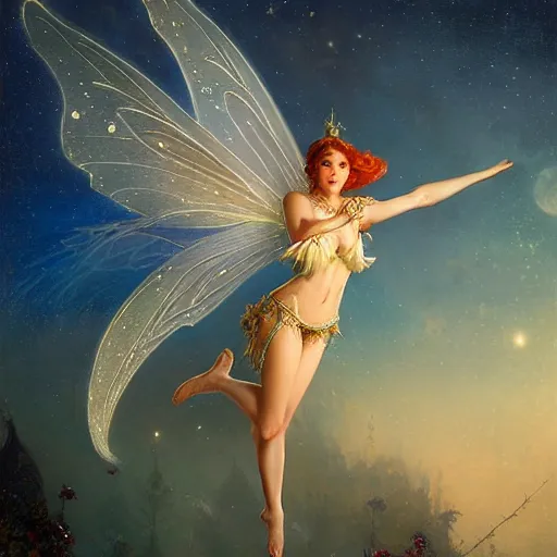 Image similar to attractive fairy magically floating high in the night, fantasy, full moon in background. highly detailed painting by gaston bussiere, craig mullins, j. c. leyendecker, mid shot, 8 k realistic, cryengine, frostbite 3 engine, sharp focus