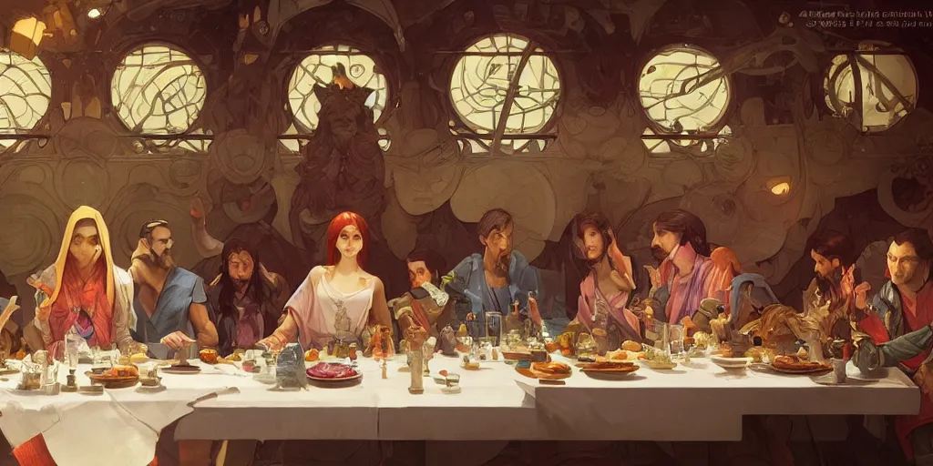 Image similar to the last supper of robots. highly detailed, digital painting, artstation, concept art, smooth, sharp focus, illustration, art by artgerm and greg rutkowski and alphonse mucha and loish and wlop