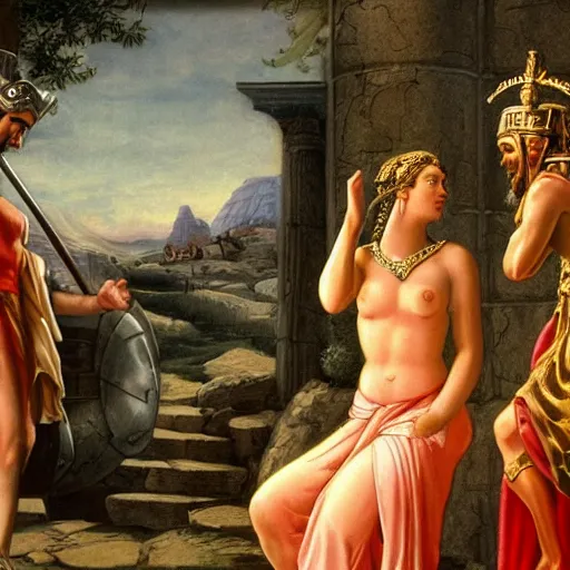 Image similar to photo of the goddess athena talking with odysseus, discussing battle strategy, photorealistic, prizewinning photo, ultradetailed, cloudy day lighting