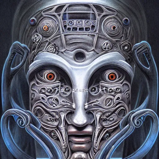 Prompt: naraka buddhist alien demon korean, no face, tubular creature, blood vessels, blue eyes, black energy, dystopian surrealism, zdzisław beksinski, symmetry accurate features, very intricate details, high resolution, symmetrical long head, smooth marble surfaces, detailed ink illustration, robot, metal gear, cinematic smooth stone, deep aesthetic, concept art