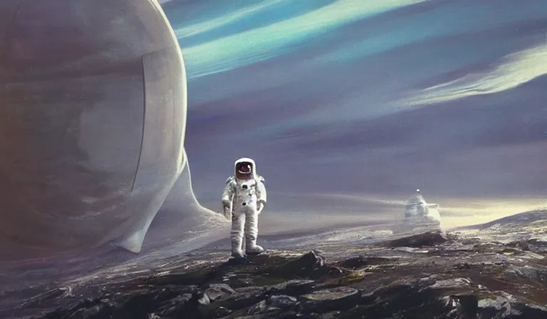 Image similar to Hyper realistic photograph of an spaceman tourist from the future standing on the Isle of Harris, Scotland, a futuristic spaceship in the background, very wide angle lens, trending on deviantart, trending on artstation, ((by John Berkey))