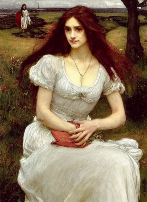 Prompt: an beautiful nurse in a white dress and short sleeves with red long wet flowing hair and shiny wet skin, by John Everett Millais and Dante Gabriel Rossetti and John Collier and john william waterhouse, pre-raphaelite, detailed, trending on artstation, hd, masterpiece