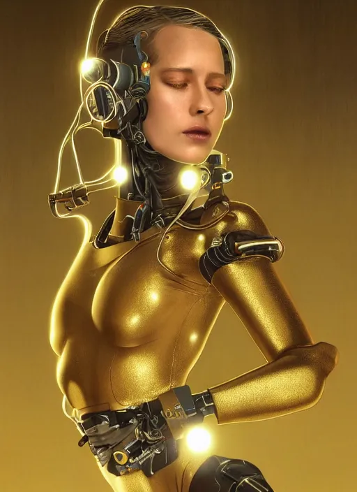 Image similar to Kodak Portra 400, 8K, soft light, volumetric lighting, highly detailed, britt marling style 3/4 ,portrait photo of a beautiful cyborg woman with gold , cyberpunk,sci-fi, fantasy, intricate, elegant, highly detailed, digital painting, artstation, concept art, smooth, sharp focus, illustration, art by artgerm and greg rutkowski and alphonse mucha