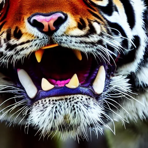 Image similar to close-up realistic photograph of a tiger Yawning, its mouth open very wide where you can look inside, high resolution, F1.8 aperture, HDR studio photograph