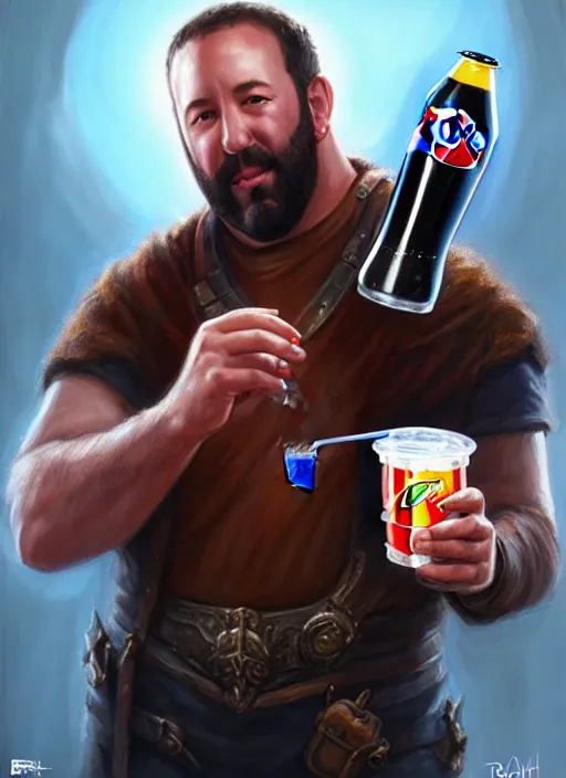 Image similar to a _ fantasy _ style _ portrait _ painting _ of burt kreischer drinking pepsi, rpg dnd oil _ painting _ unreal _ 5 _ daz. _ rpg _ portrait _ extremely _ detailed _ artgerm _ greg _ rutkowski _ greg