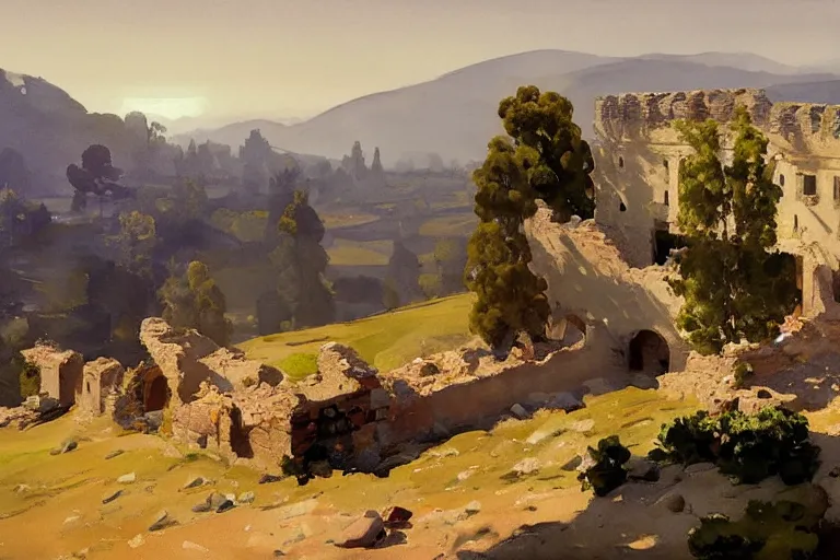 Prompt: california style watercolor painting of castle ruins on hilltop, stone walls, simplified, very beautiful ambient lighting, sun rays, dust, art by john singer sargent, by anders zorn and winslow homer, wonderful masterpiece by greg rutkowski, cinematic light, american romanticism by greg manchess, creation by tyler edlin