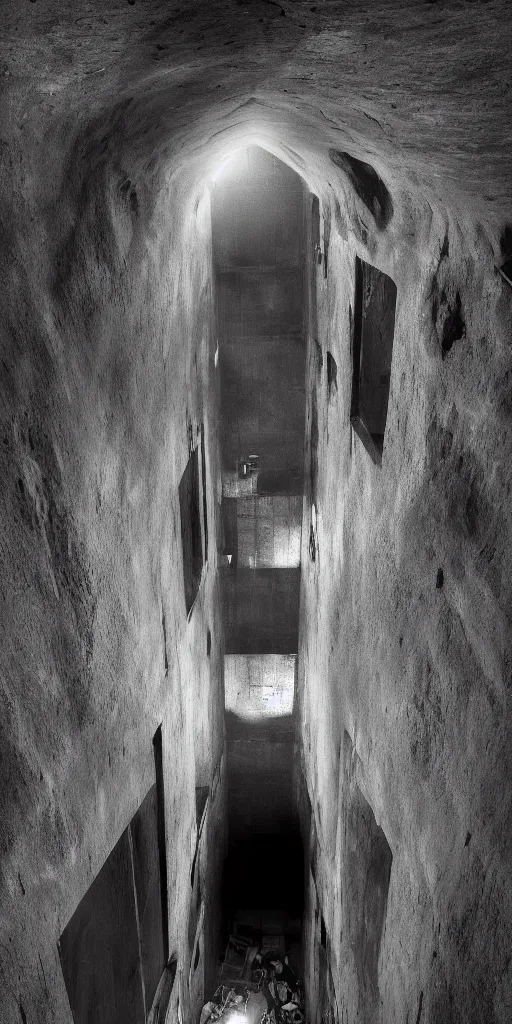 Image similar to a vertical prison in a pit with a hole in the center. dark style, cinematic lighting, side view