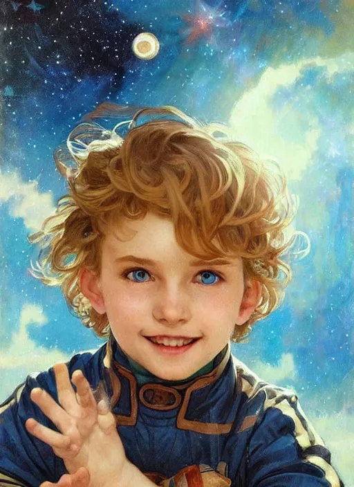 Prompt: a cute little boy with a mischievous face, blue eyes, and tousled blonde hair smiles as he floats in space with stars all around him. he is wearing a turquoise outfit. beautiful painting by artgerm and greg rutkowski and alphonse mucha