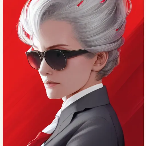 Prompt: a girl wearing a business suit, grey hair, red necktie, sunglasses, cinematic, twintails, stunning, highly detailed, digital painting, artstation, smooth, hard focus, full body shot, illustration, art by artgerm and greg rutkowski and alphonse mucha